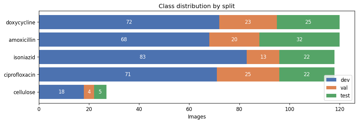 Class distribution by split